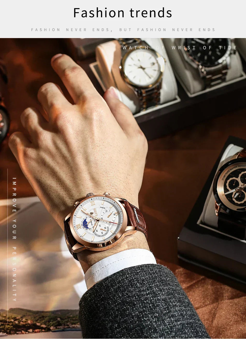 Herren Chronograph – Luxus Quarz-Armbanduhr mit Mondphase & Lederarmband | Sportlich & Elegant | 3ATM Wasserdicht