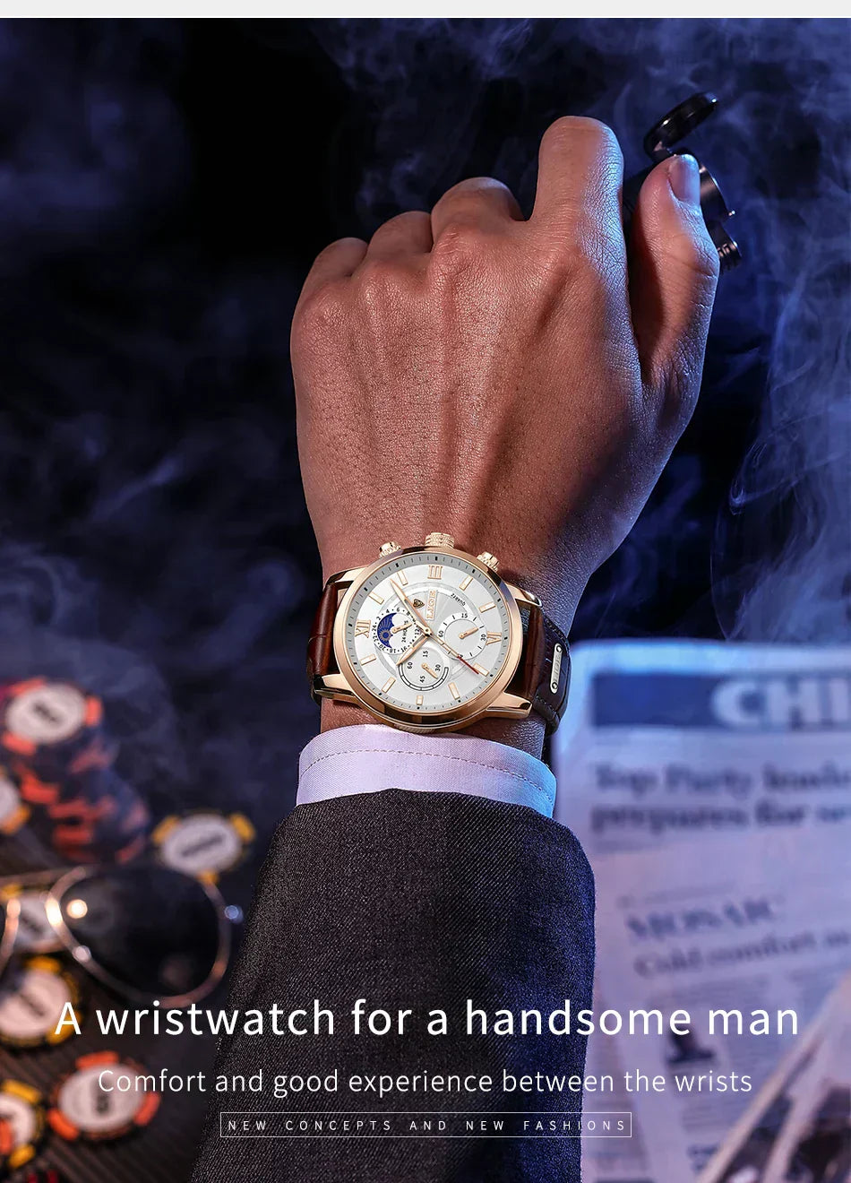 Herren Chronograph – Luxus Quarz-Armbanduhr mit Mondphase & Lederarmband | Sportlich & Elegant | 3ATM Wasserdicht
