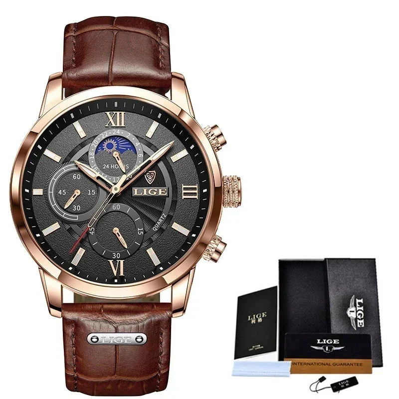 Herren Chronograph – Luxus Quarz-Armbanduhr mit Mondphase & Lederarmband | Sportlich & Elegant | 3ATM Wasserdicht