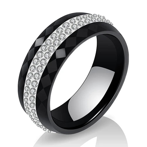 Eleganter Keramikring für Damen – Schwarz & Weiß mit Kristall
