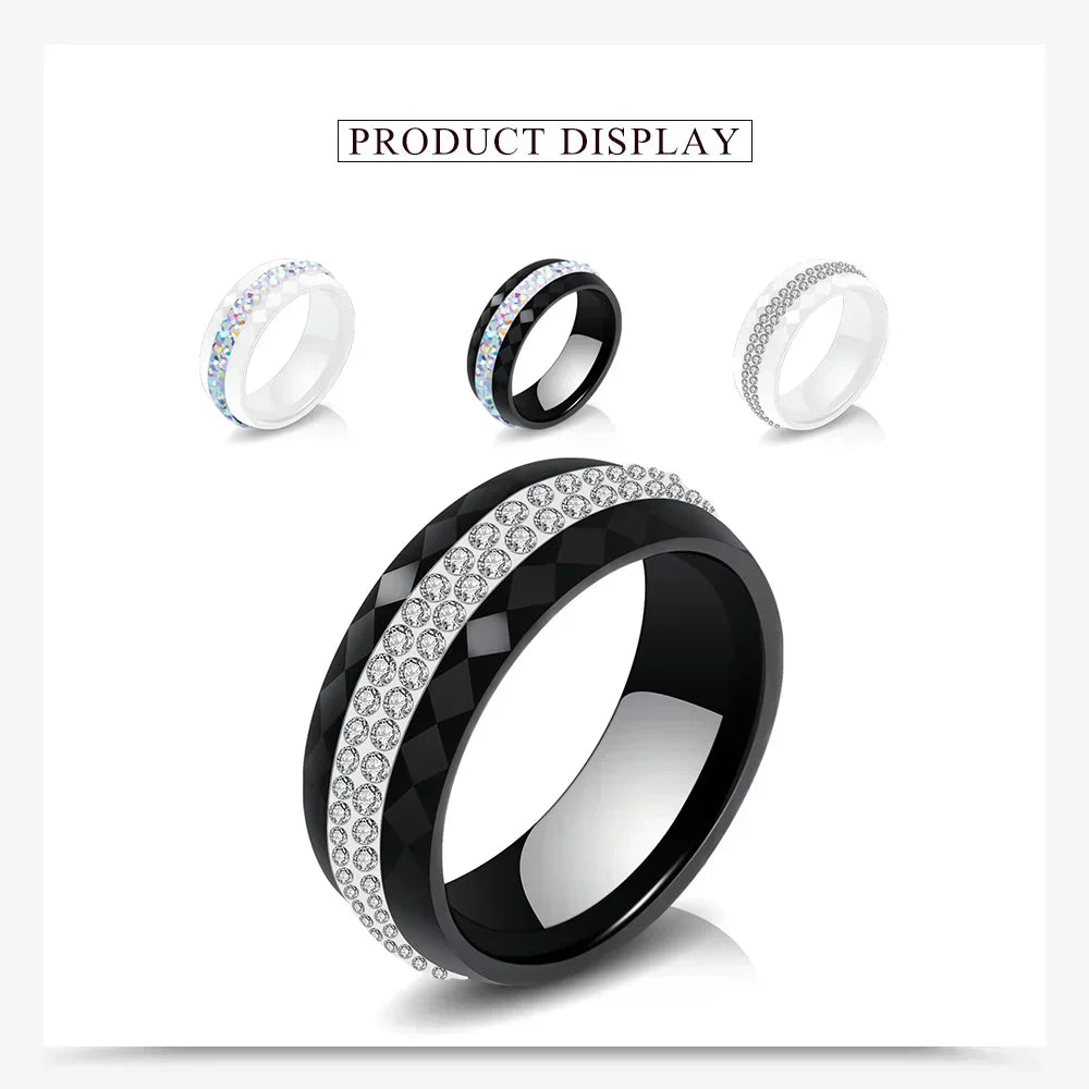 Eleganter Keramikring für Damen – Schwarz & Weiß mit Kristall