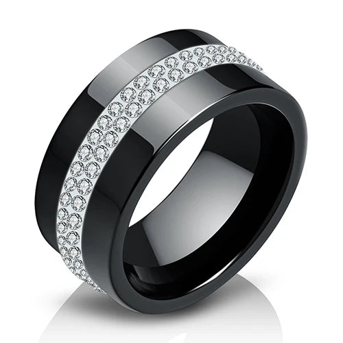 Eleganter Keramikring für Damen – Schwarz & Weiß mit Kristall