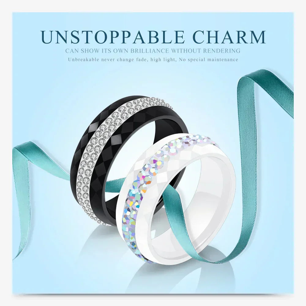 Eleganter Keramikring für Damen – Schwarz & Weiß mit Kristall