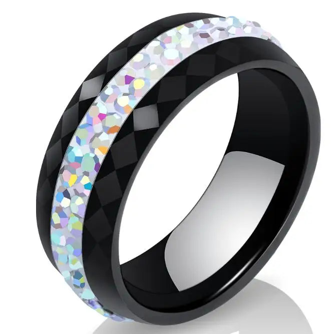 Eleganter Keramikring für Damen – Schwarz & Weiß mit Kristall