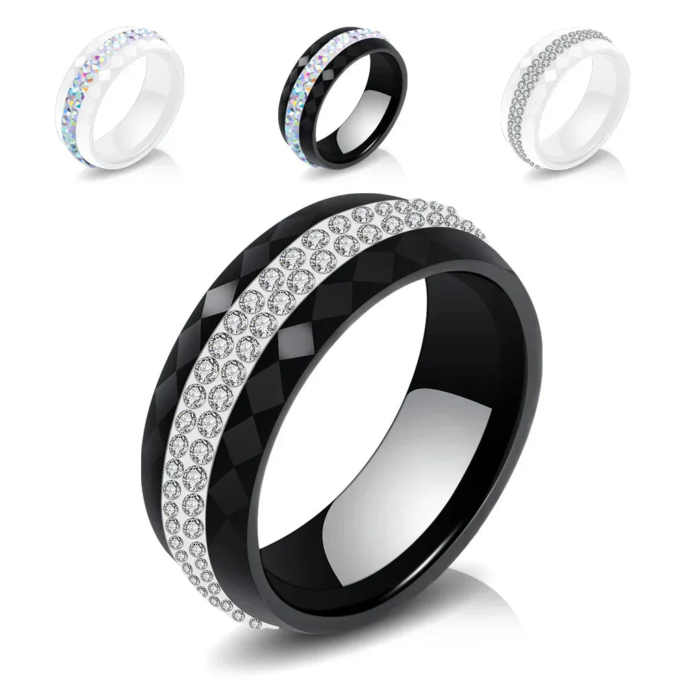 Eleganter Keramikring für Damen – Schwarz & Weiß mit Kristall