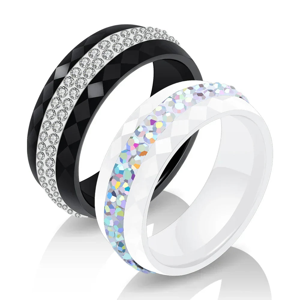 Eleganter Keramikring für Damen – Schwarz & Weiß mit Kristall