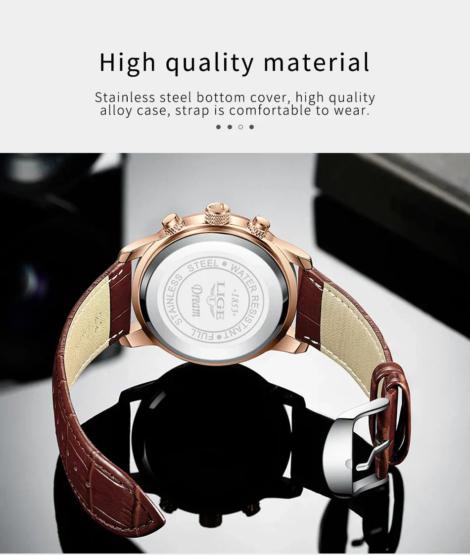 Herren Chronograph – Luxus Quarz-Armbanduhr mit Mondphase & Lederarmband | Sportlich & Elegant | 3ATM Wasserdicht