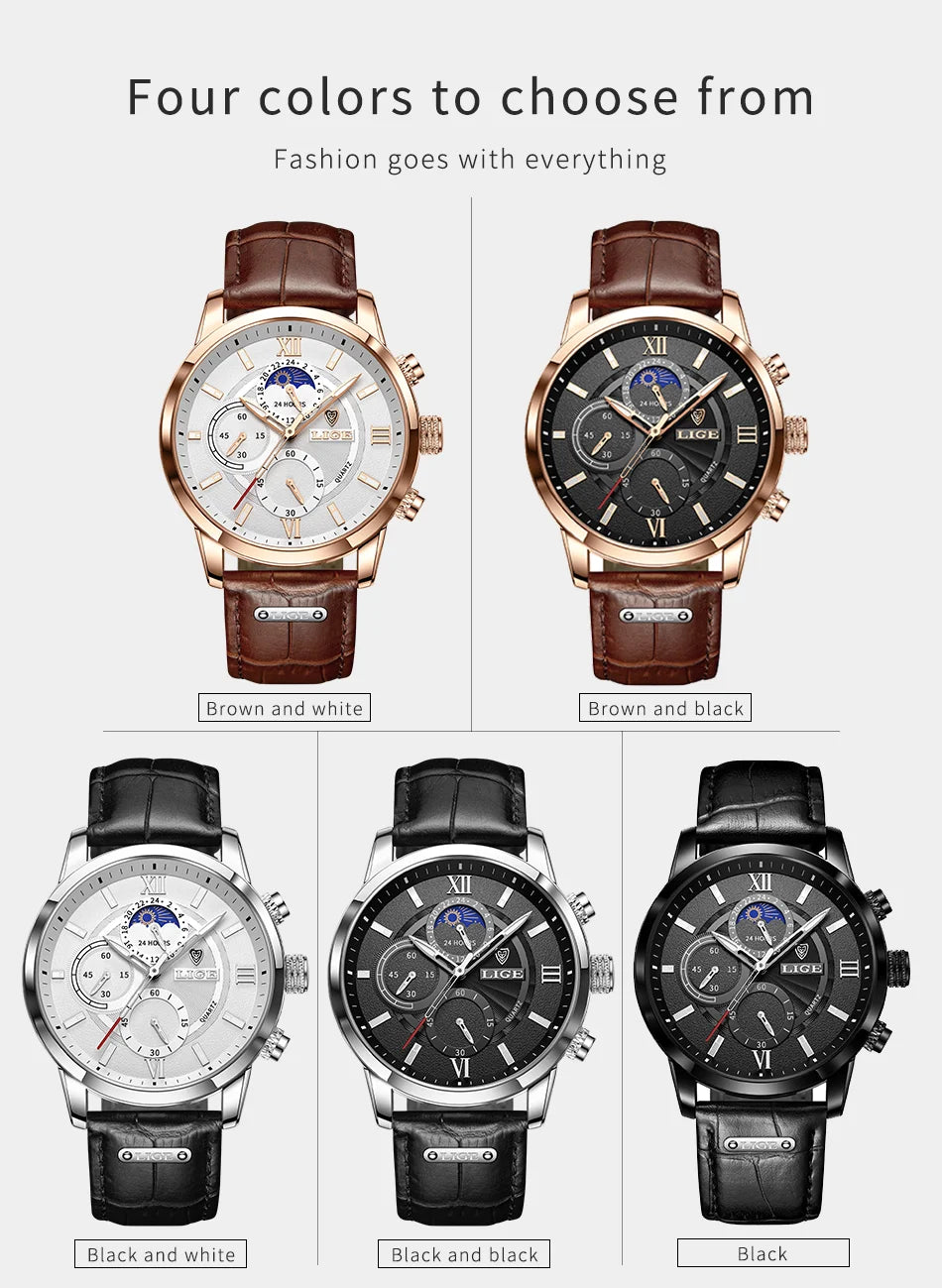 Herren Chronograph – Luxus Quarz-Armbanduhr mit Mondphase & Lederarmband | Sportlich & Elegant | 3ATM Wasserdicht