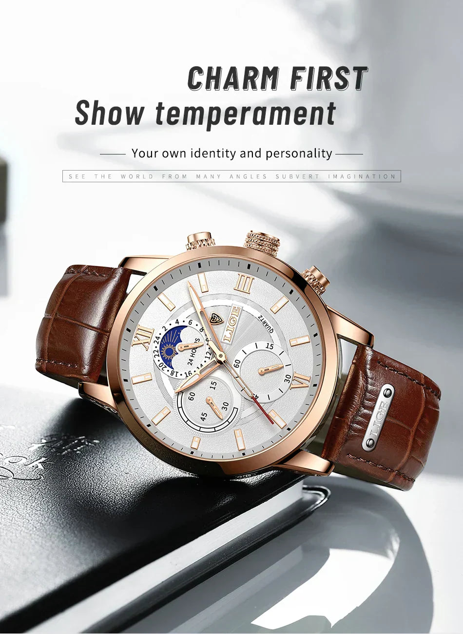 Herren Chronograph – Luxus Quarz-Armbanduhr mit Mondphase & Lederarmband | Sportlich & Elegant | 3ATM Wasserdicht
