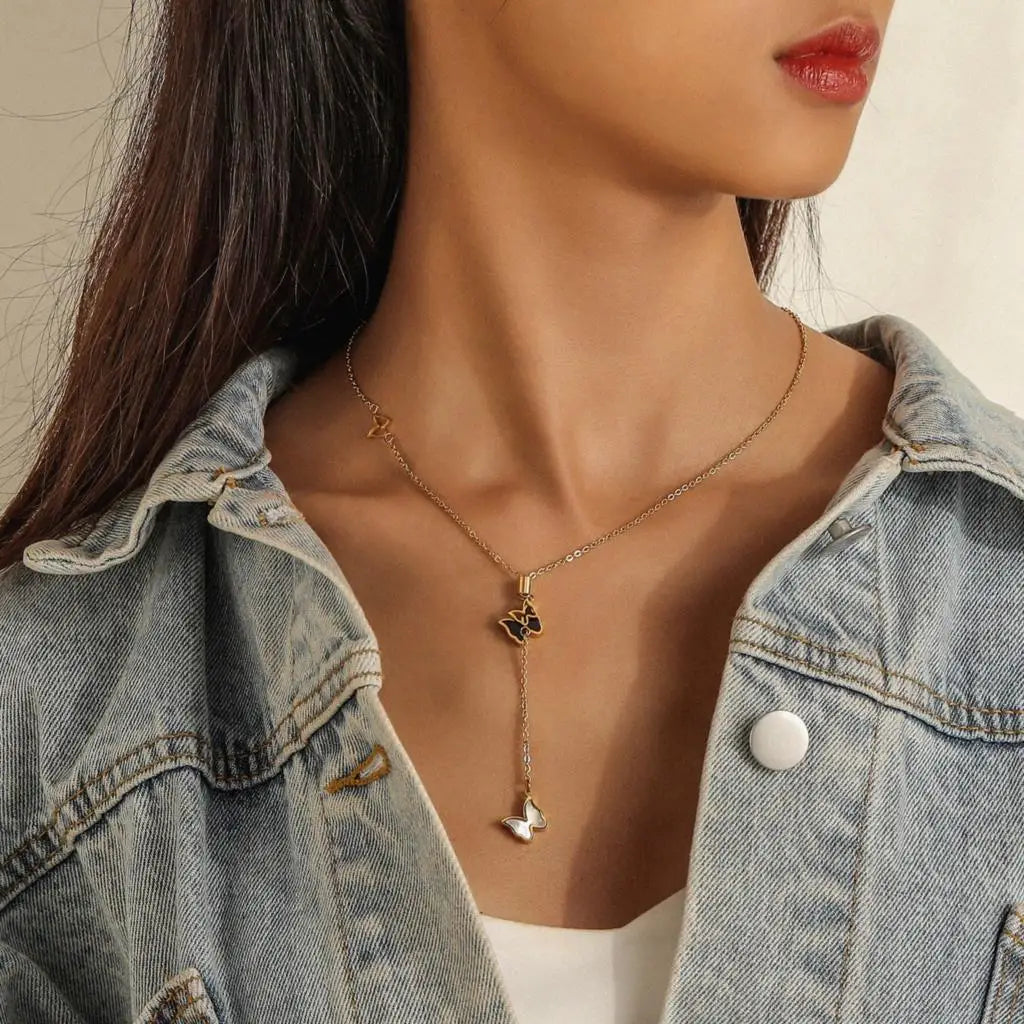 Multilayer Vintage Butterfly Necklace Gold Color 316L Stainless Steel Blade Snake Chain Charms Choker Jewelry Gift – Necklace