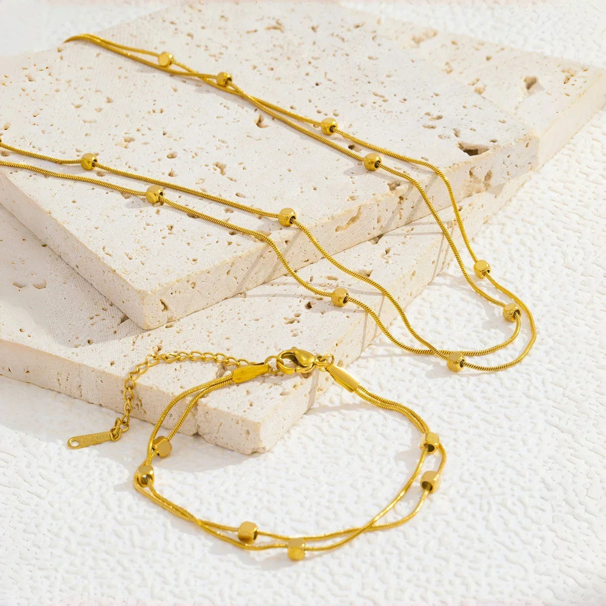 Double Layer Chain Necklace & Bracelet for Women, 18K Gold Plated Stainless Steel, Minimalist Hypoallergenic Daily Wear Jewelry