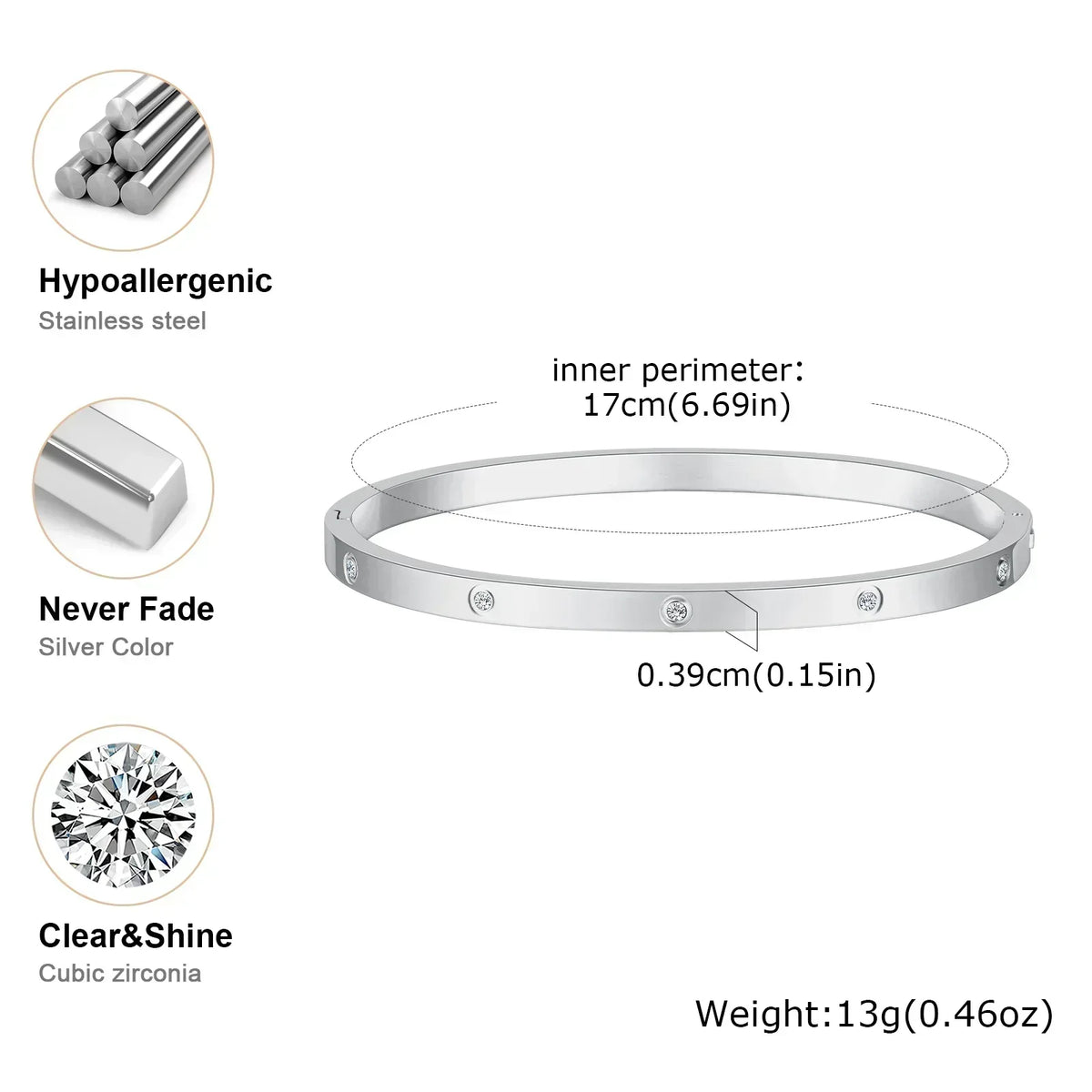 Luxurious Cubic Zircon Openable Bracelet ,Stainless Steel Round Bangle Bracelets,Charm Jewelry Gifts – Armband