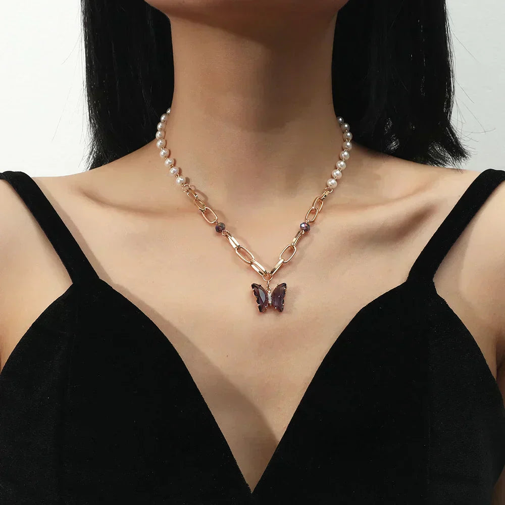 Multilayer Vintage Butterfly Necklace Gold Color 316L Stainless Steel Blade Snake Chain Charms Choker Jewelry Gift – Necklace