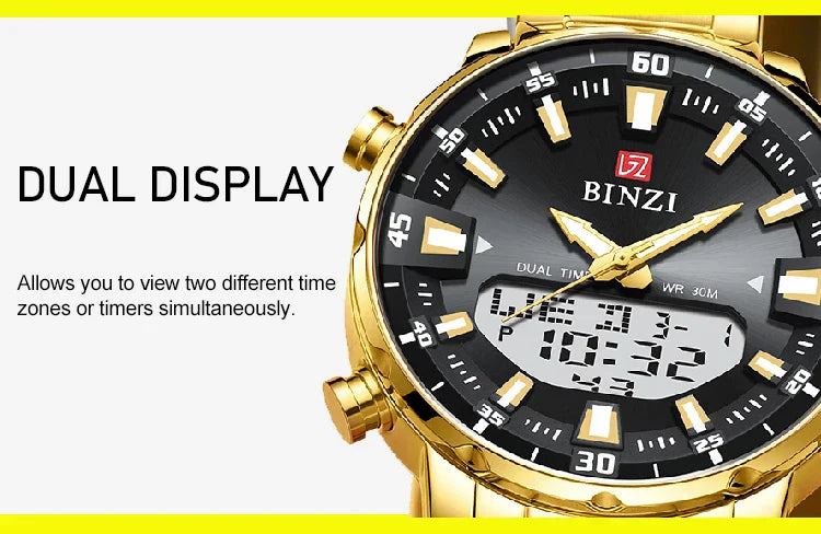 Luxury Men's Wristwatch 2025 – Golden Stainless Steel Watch with Dual Display | Relogio Masculino