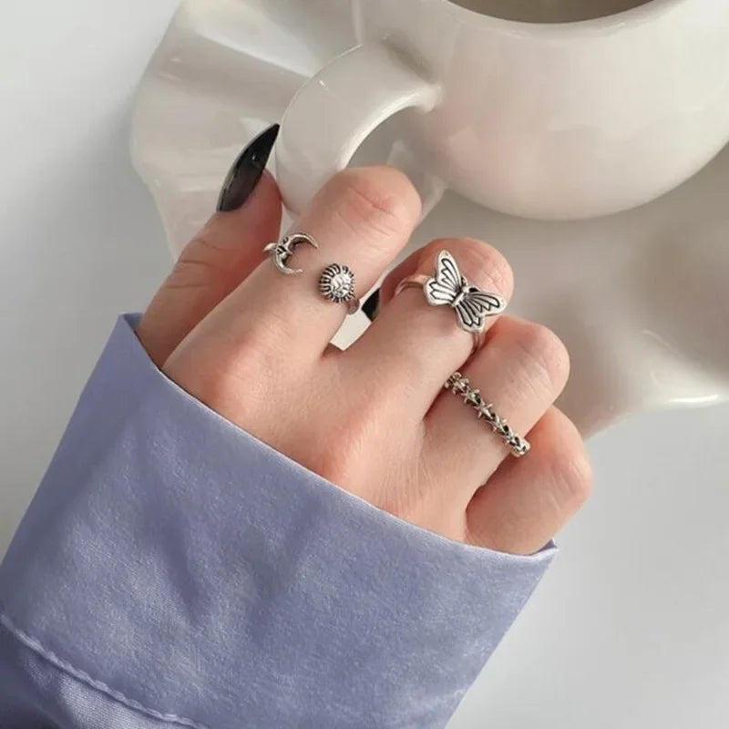 LATS Vintage Pink Roman Numerals Cool Rings Set Rock Hip Hop Twist Geometry Open Ring Fashion Ins Jewelry Gifts