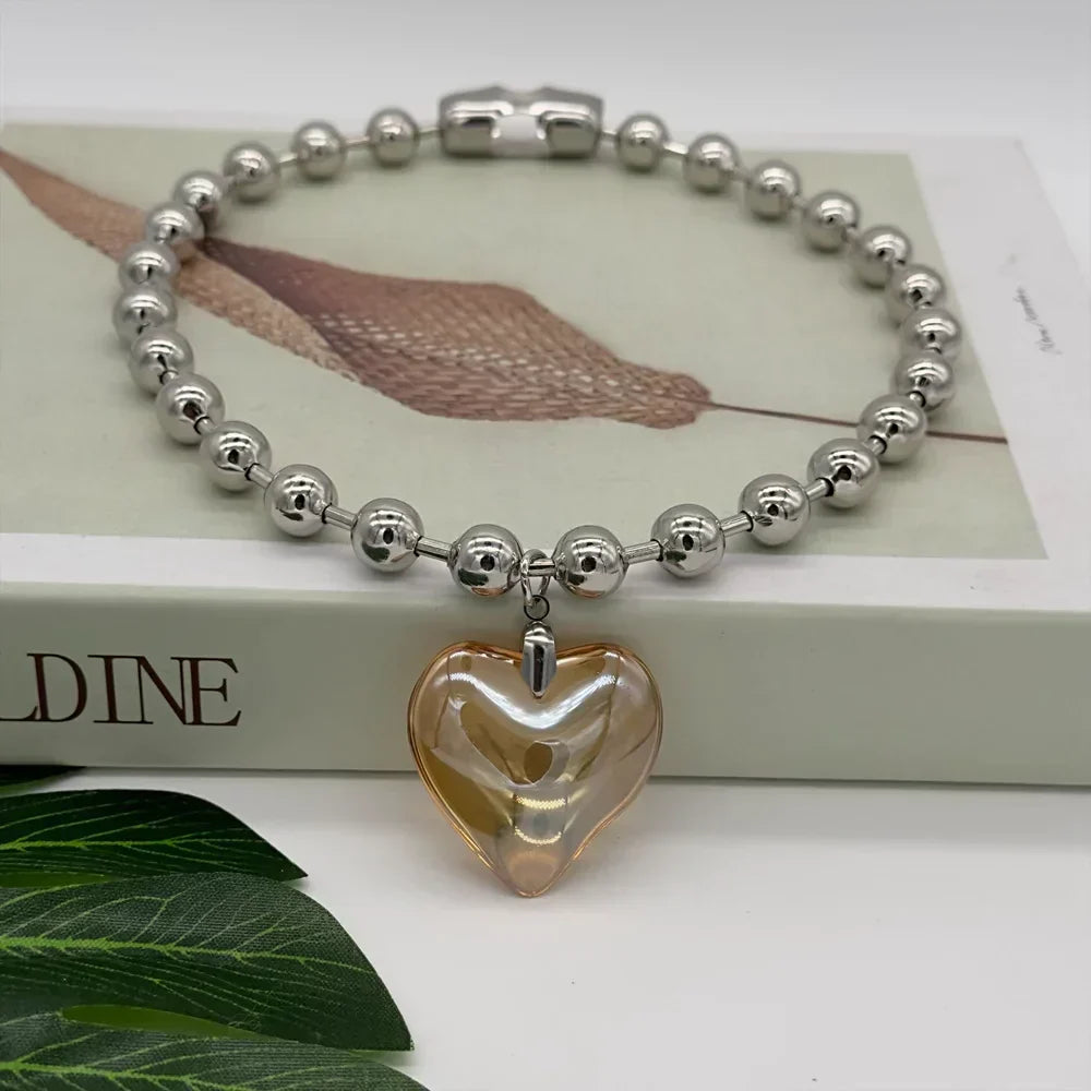 Grunge Fashion Glass Heart Pendant Necklace Y2K Oversize Ball Beads Chain Statement Choker Necklace for Women Club Punk Jewelry