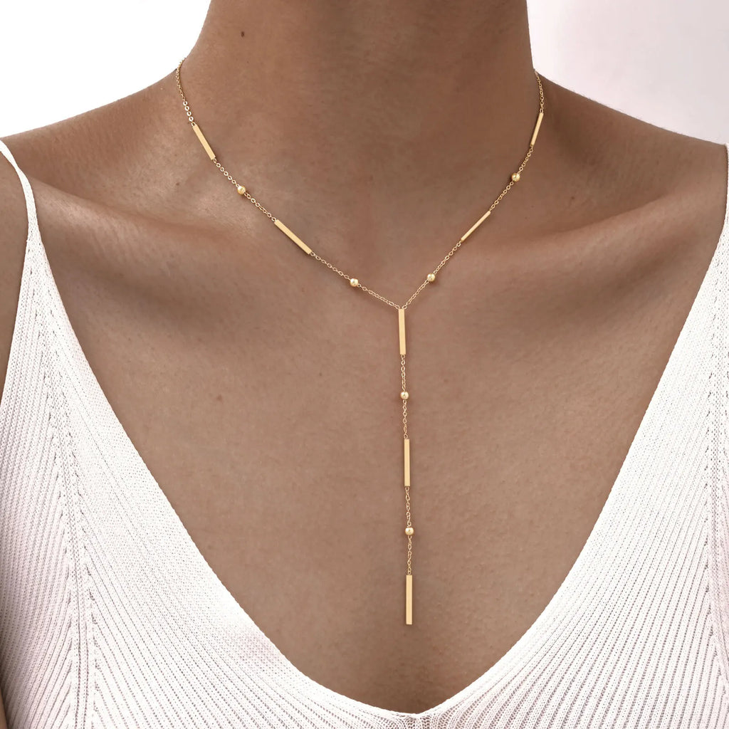 Beaded Long Chain Y Shape Necklace, Minimalist Drop Bar Pendant Choker Necklaces, Clavicle Chain Jewelry
