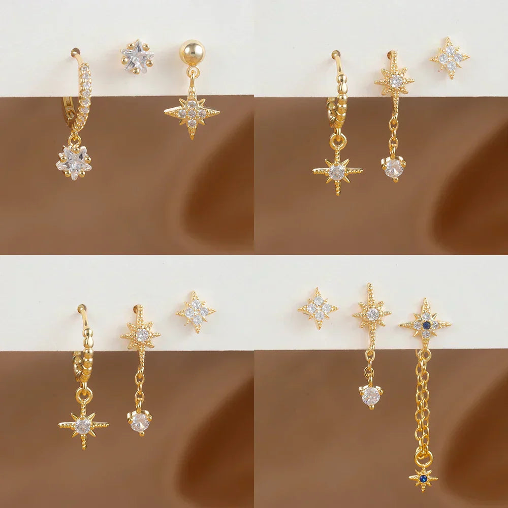 3PCS Gold Color Star Earrings Set Zircon Pendant Stainless Steel Hoop Earring Trend Wedding Jewelry pendientes mujer