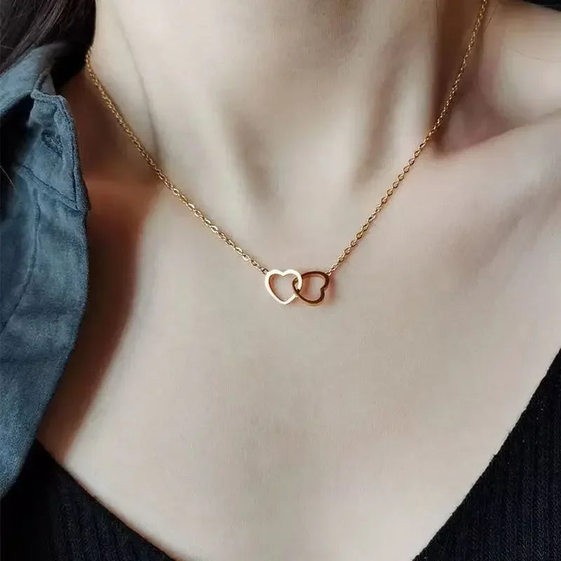 Simple Double Heart Pendant Necklace Couple Stainless Steel Choker Gold Color Chain Wedding Party Friends Jewelry Gift – Halskette