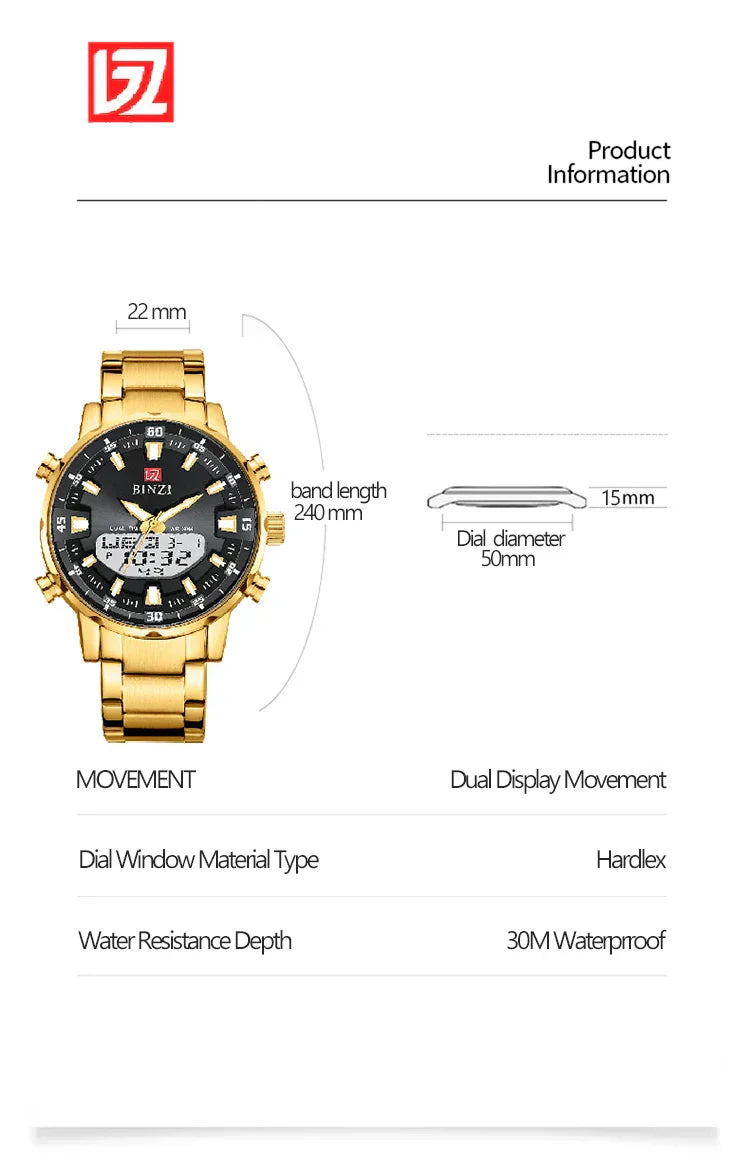 Luxury Men's Wristwatch 2025 – Golden Stainless Steel Watch with Dual Display | Relogio Masculino
