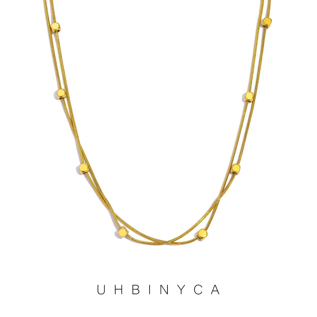 Double Layer Chain Necklace & Bracelet for Women, 18K Gold Plated Stainless Steel, Minimalist Hypoallergenic Daily Wear Jewelry