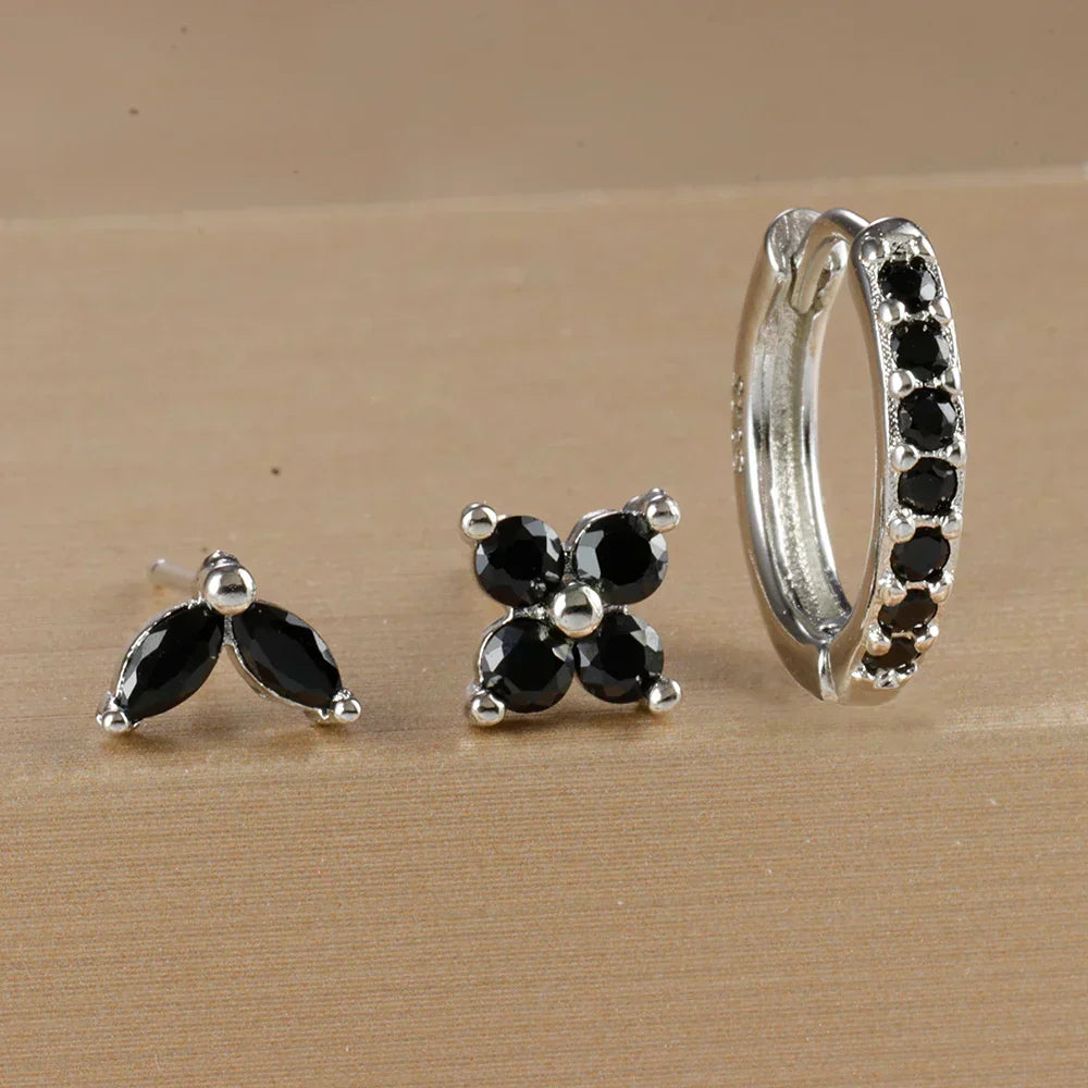 3PCS Stainless Steel Gold Color Circle Hoop Earrings Set Simple Zircon Flower Stud Earring Cartilage Piercing Jewelry