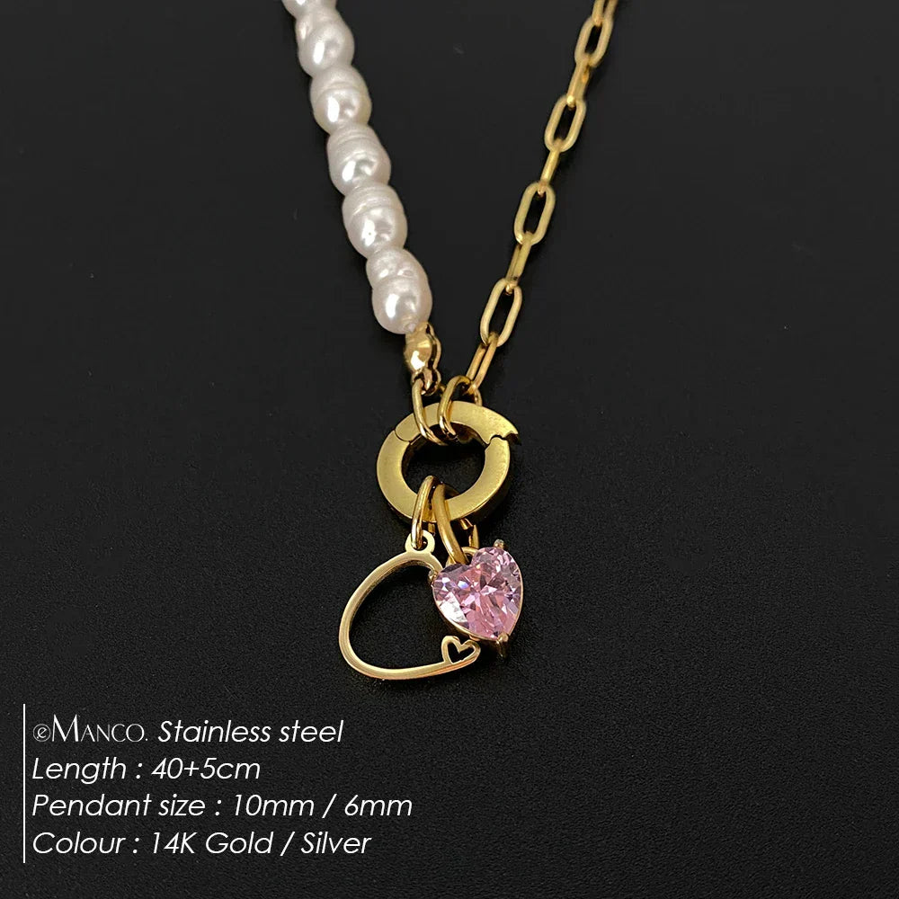 eManco Natural Freshwater Pearl Heart Stainless Steel Cubic Zirconia Pendant Necklace Aesthetic Luxury Chain Jewelry Gift – Halskette