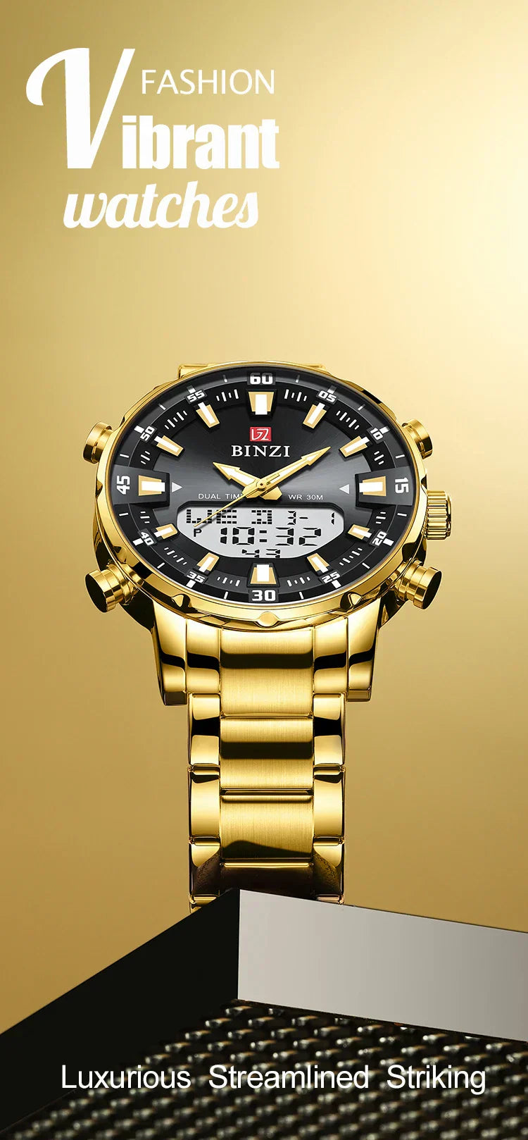 Luxury Men's Wristwatch 2025 – Golden Stainless Steel Watch with Dual Display | Relogio Masculino