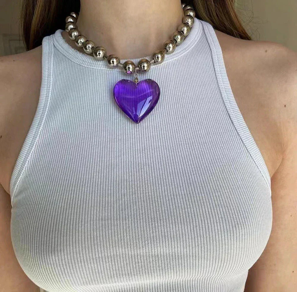 Grunge Fashion Glass Heart Pendant Necklace Y2K Oversize Ball Beads Chain Statement Choker Necklace for Women Club Punk Jewelry