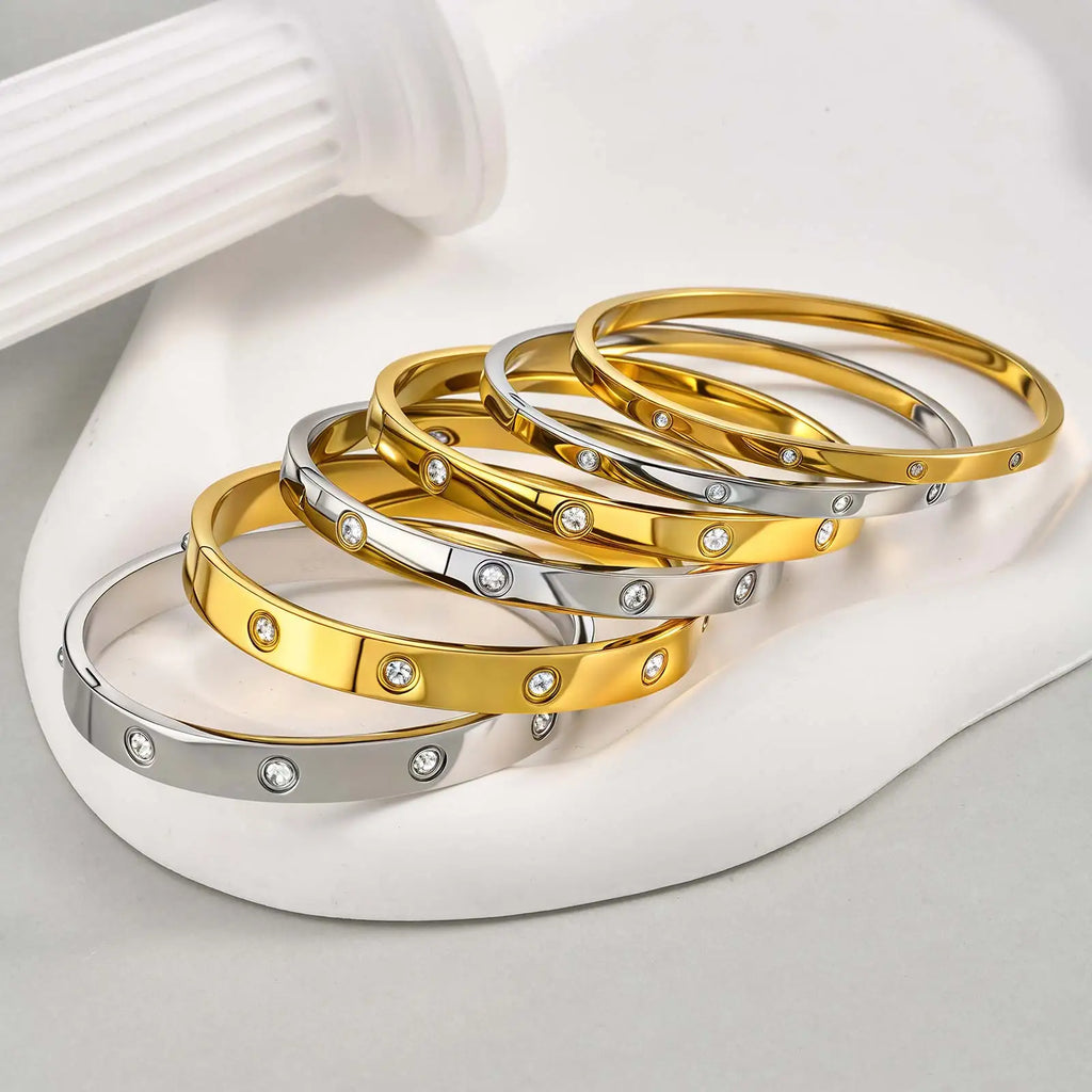 Luxurious Cubic Zircon Openable Bracelet ,Stainless Steel Round Bangle Bracelets,Charm Jewelry Gifts – Armband