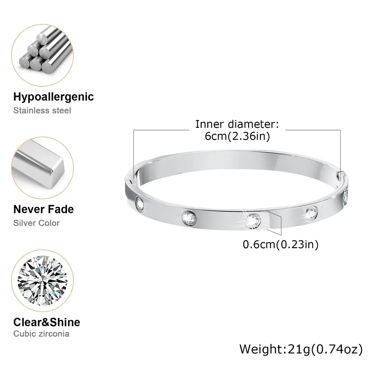 Luxurious Cubic Zircon Openable Bracelet ,Stainless Steel Round Bangle Bracelets,Charm Jewelry Gifts – Armband