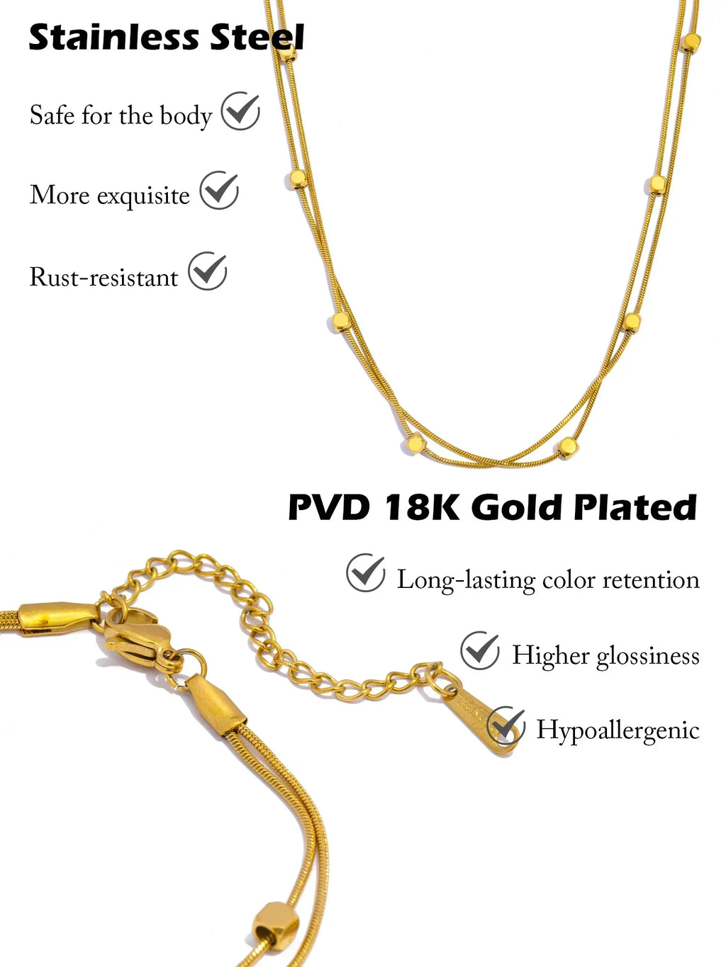 Double Layer Chain Necklace & Bracelet for Women, 18K Gold Plated Stainless Steel, Minimalist Hypoallergenic Daily Wear Jewelry