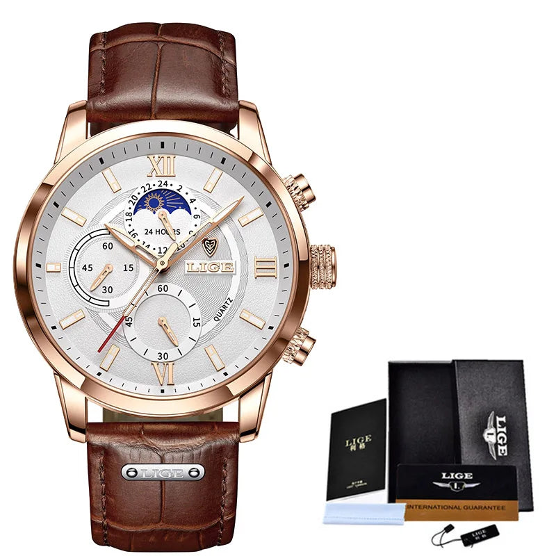 Herren Chronograph – Luxus Quarz-Armbanduhr mit Mondphase & Lederarmband | Sportlich & Elegant | 3ATM Wasserdicht