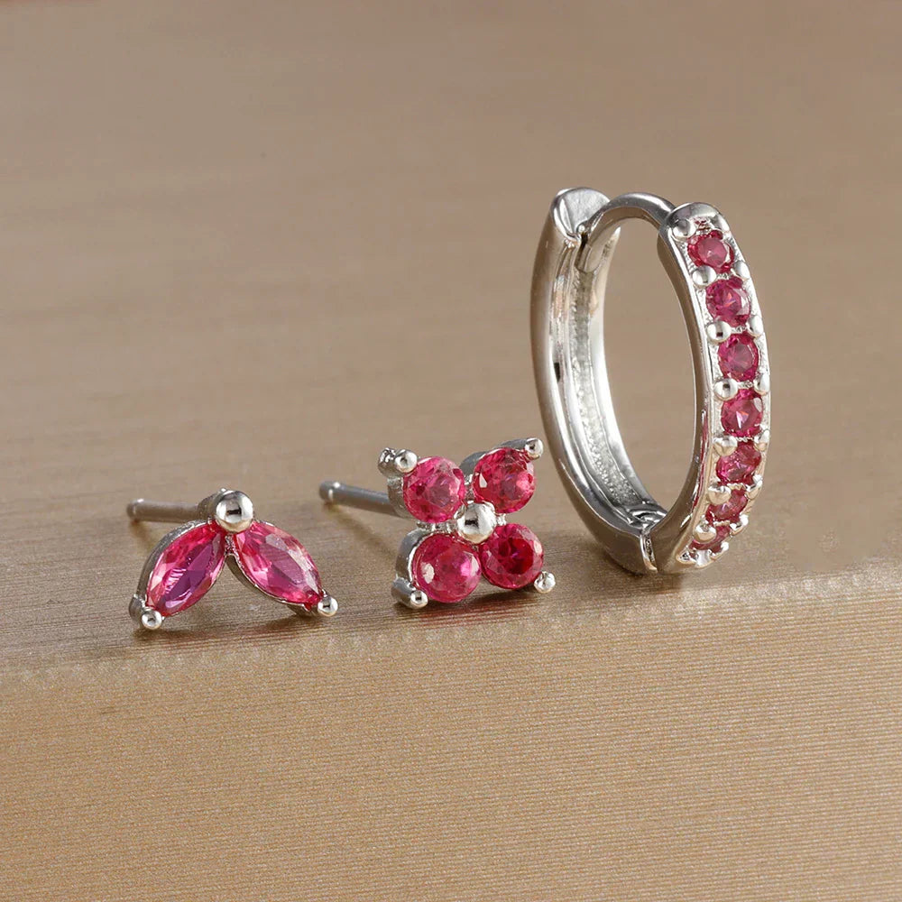 3PCS Stainless Steel Gold Color Circle Hoop Earrings Set Simple Zircon Flower Stud Earring Cartilage Piercing Jewelry