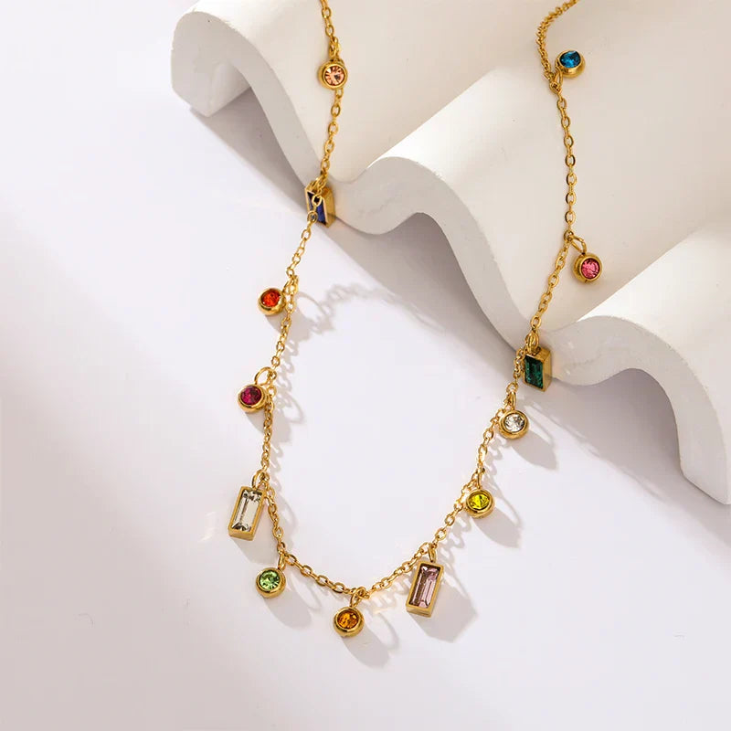 EILIECK 316L Stainless Steel Geometric Colorful Crystal Zirconia Pendant Necklace For Women Fashion Neck Chain Jewelry Gift