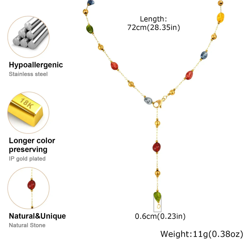 Summer Colorful Rainbow Natural Stone Boho Necklace for Women, Stainless Steel Beaded Chain Y-Shaped Necklace, Fashion Jewelry