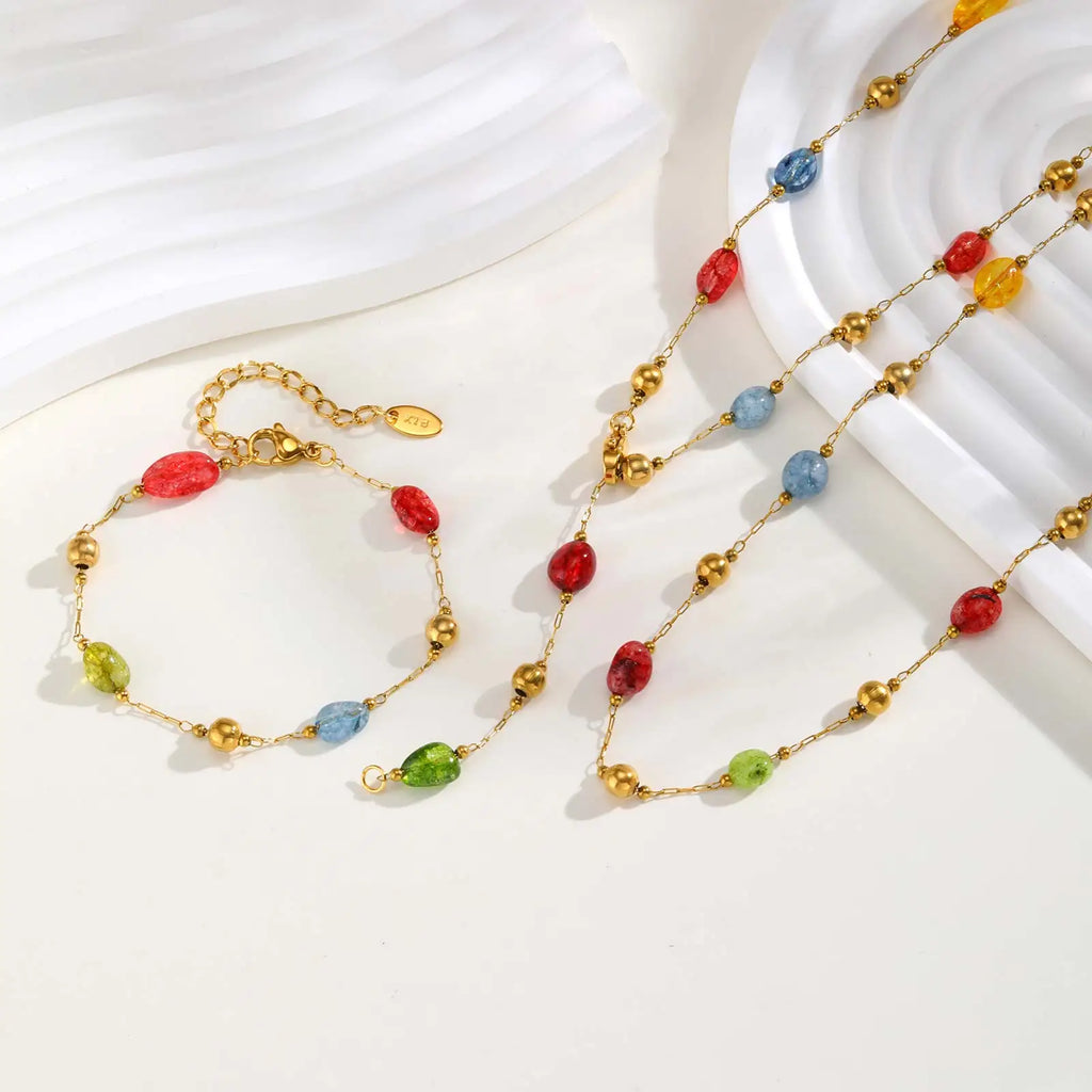 Summer Colorful Rainbow Natural Stone Boho Necklace for Women, Stainless Steel Beaded Chain Y-Shaped Necklace, Fashion Jewelry