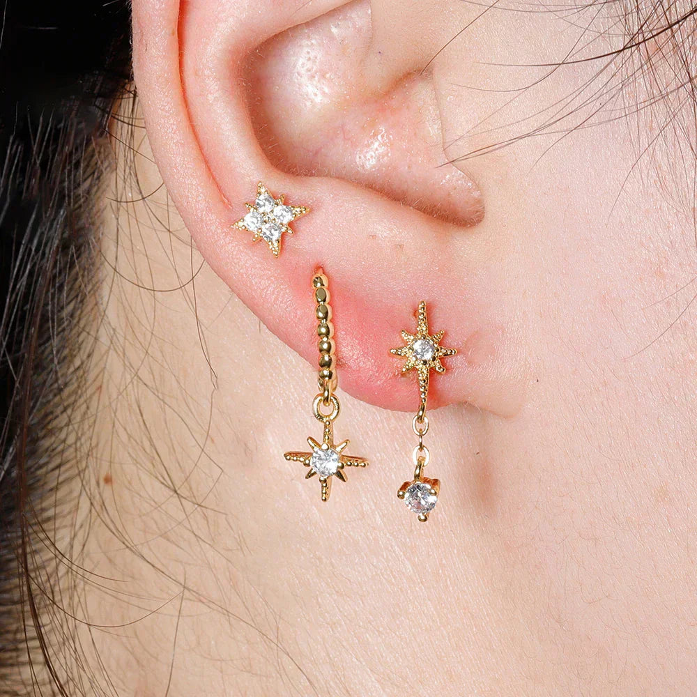 3PCS Gold Color Star Earrings Set Zircon Pendant Stainless Steel Hoop Earring Trend Wedding Jewelry pendientes mujer
