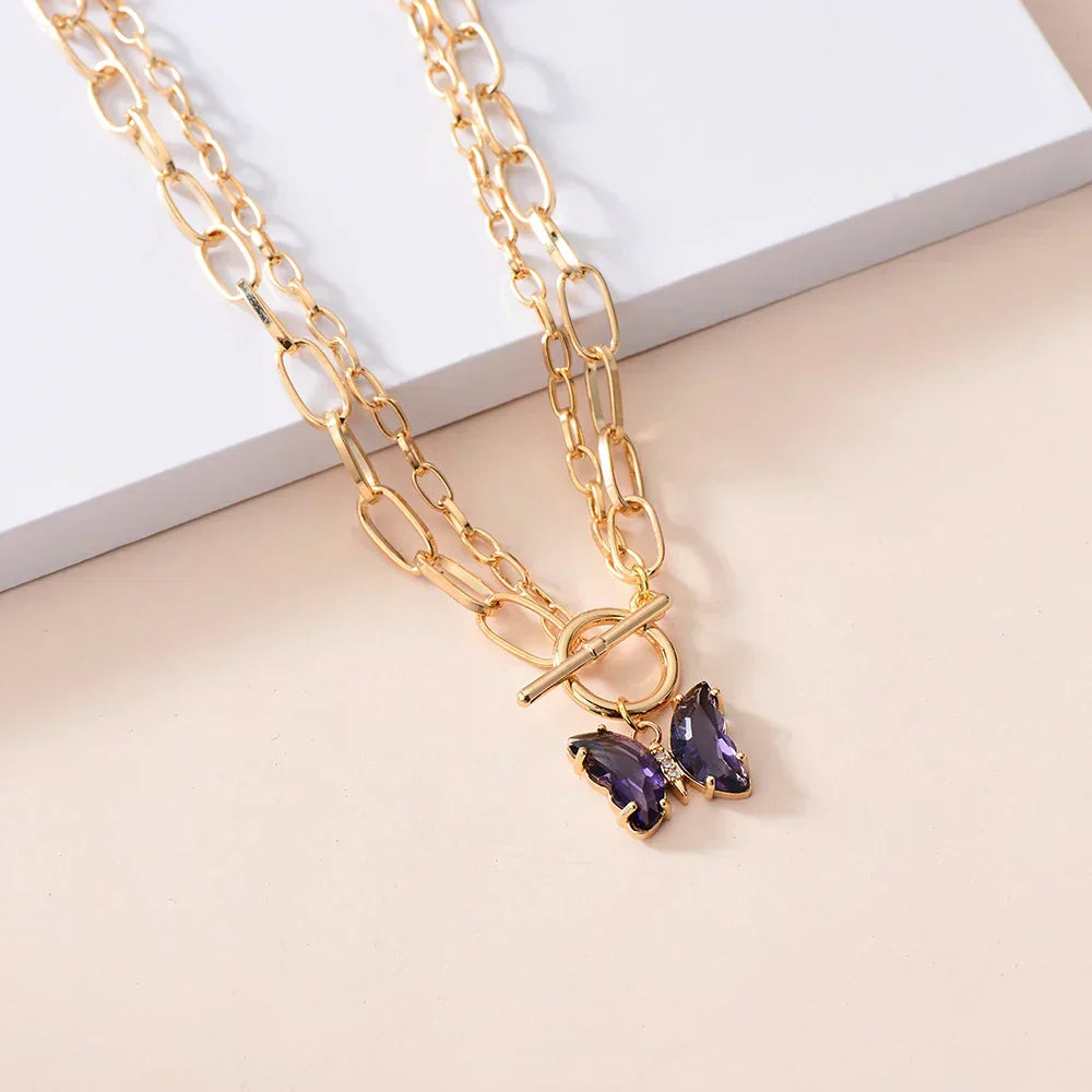 Multilayer Vintage Butterfly Necklace Gold Color 316L Stainless Steel Blade Snake Chain Charms Choker Jewelry Gift – Necklace