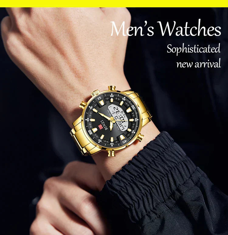 Luxury Men's Wristwatch 2025 – Golden Stainless Steel Watch with Dual Display | Relogio Masculino