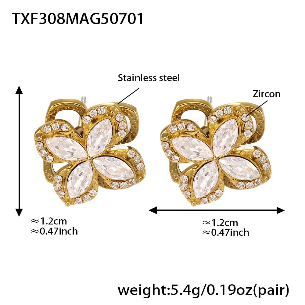 Gorgeous Zircon Necklace Earrings Ring Revolving Flower Pendant Gold Plated Chain Stainless Steel Charm Jewelry Gift