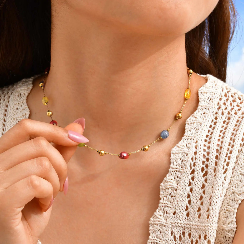 Summer Colorful Rainbow Natural Stone Boho Necklace for Women, Stainless Steel Beaded Chain Y-Shaped Necklace, Fashion Jewelry