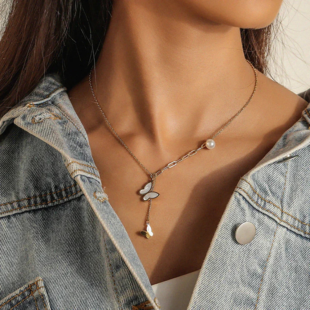 Multilayer Vintage Butterfly Necklace Gold Color 316L Stainless Steel Blade Snake Chain Charms Choker Jewelry Gift – Necklace