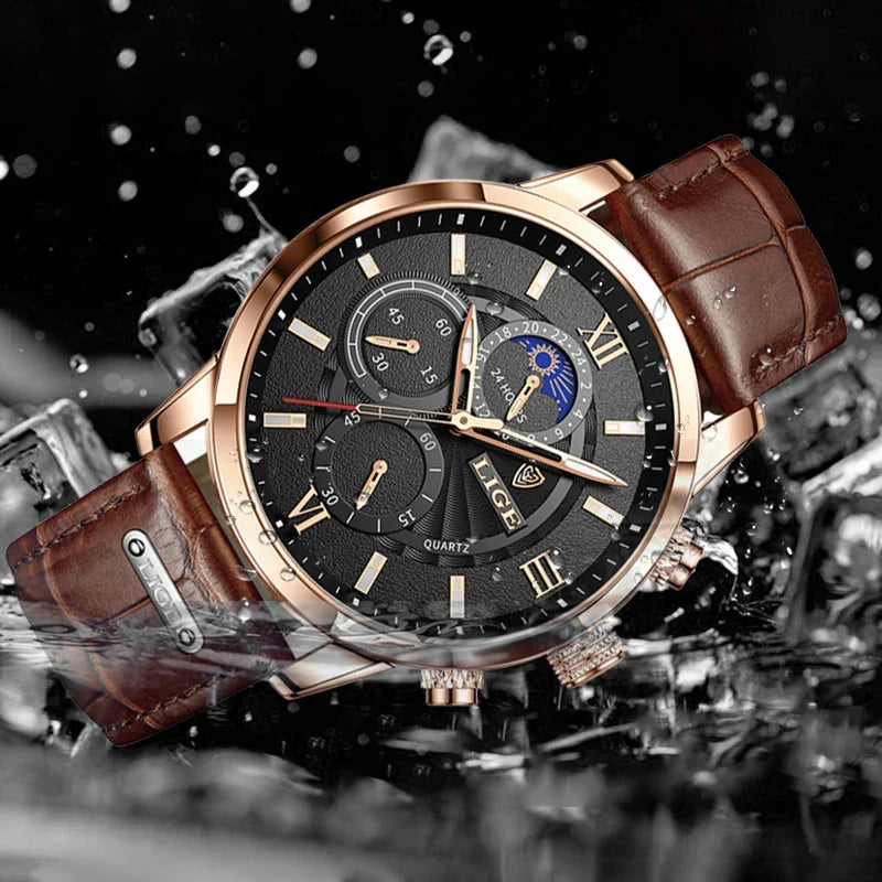 Herren Chronograph – Luxus Quarz-Armbanduhr mit Mondphase & Lederarmband | Sportlich & Elegant | 3ATM Wasserdicht