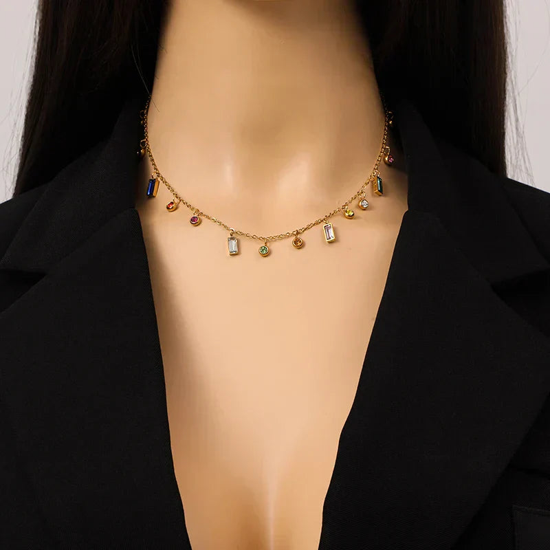 EILIECK 316L Stainless Steel Geometric Colorful Crystal Zirconia Pendant Necklace For Women Fashion Neck Chain Jewelry Gift