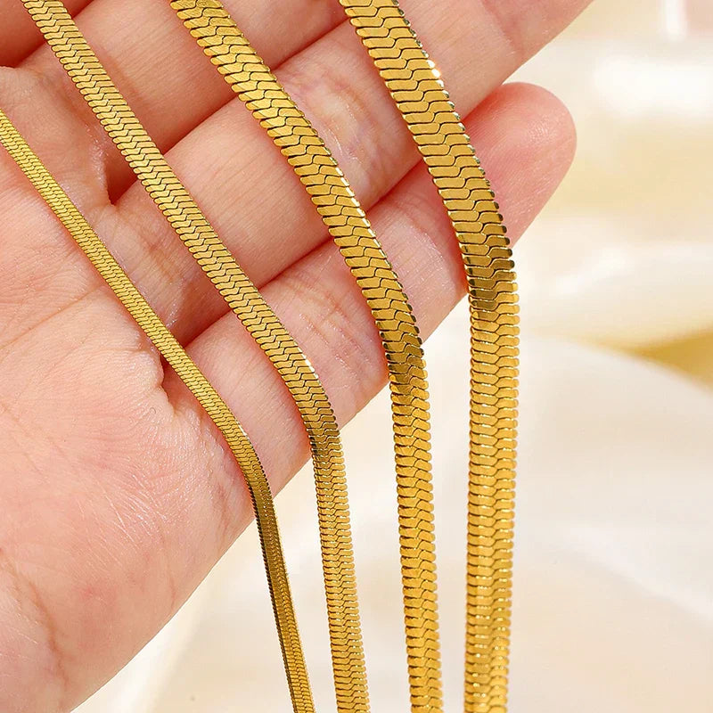 Hot Classic Unisex Flat Snake Chain Choker Necklace For Women Stainless Steel Herringbone Gold Silver Color Fashion Jewelry Gift