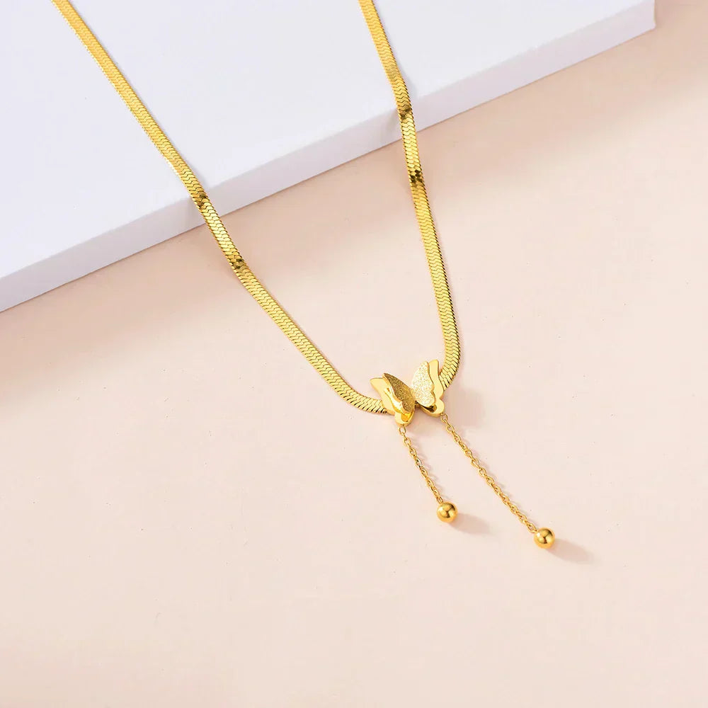Multilayer Vintage Butterfly Necklace Gold Color 316L Stainless Steel Blade Snake Chain Charms Choker Jewelry Gift – Necklace
