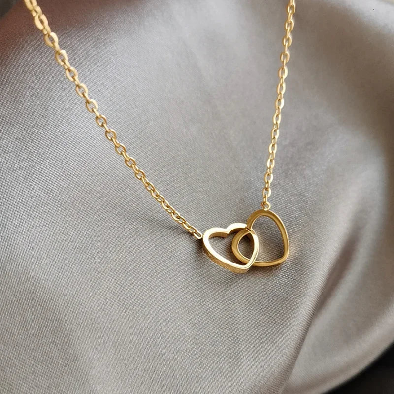 Simple Double Heart Pendant Necklace Couple Stainless Steel Choker Gold Color Chain Wedding Party Friends Jewelry Gift – Halskette