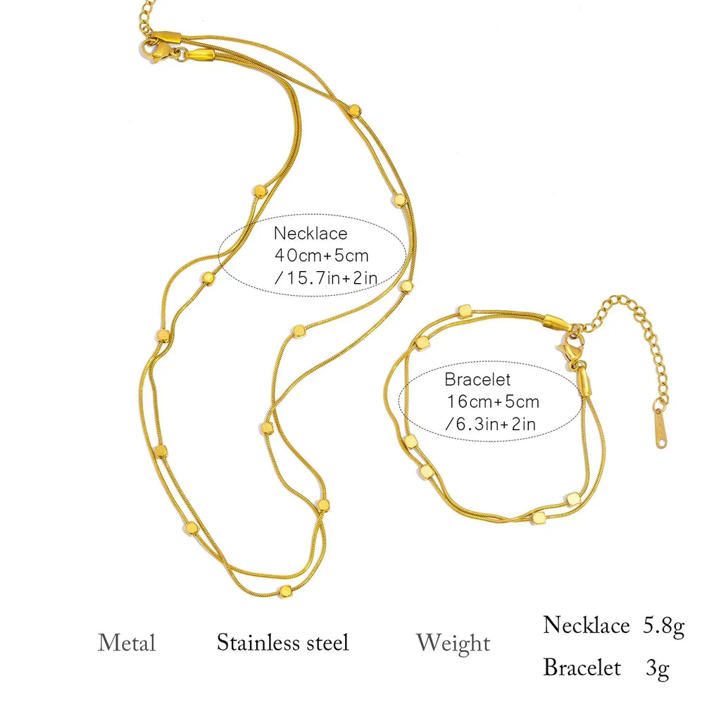 Double Layer Chain Necklace & Bracelet for Women, 18K Gold Plated Stainless Steel, Minimalist Hypoallergenic Daily Wear Jewelry