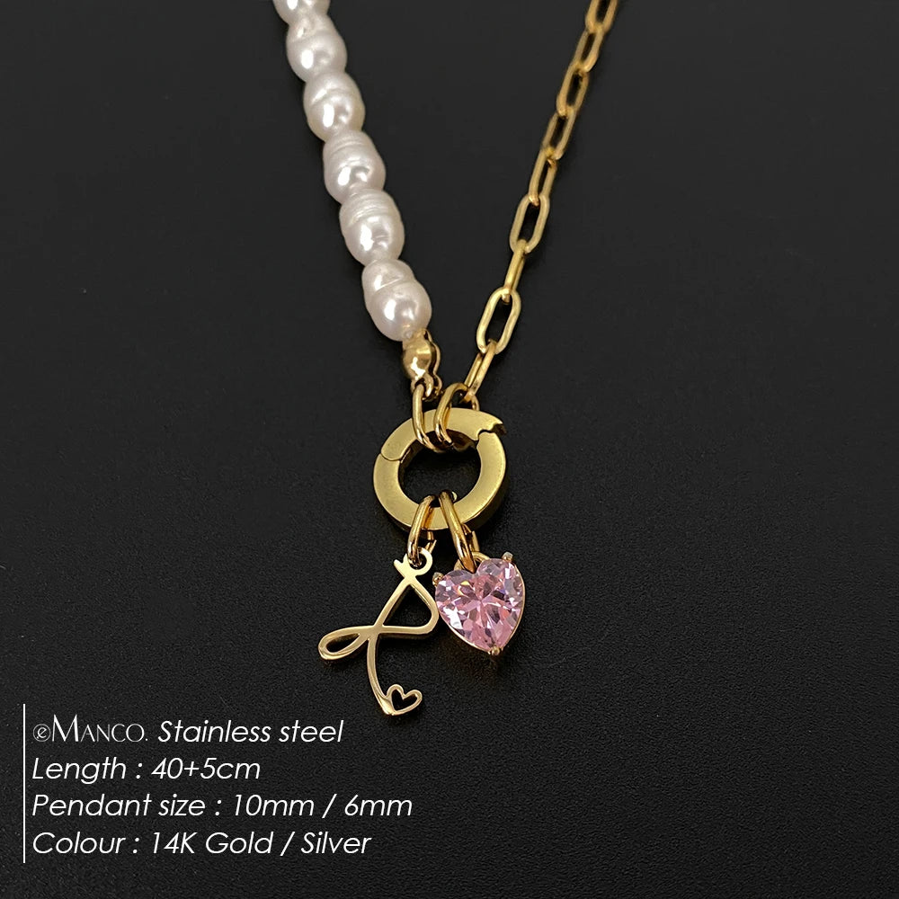 eManco Natural Freshwater Pearl Heart Stainless Steel Cubic Zirconia Pendant Necklace Aesthetic Luxury Chain Jewelry Gift – Halskette